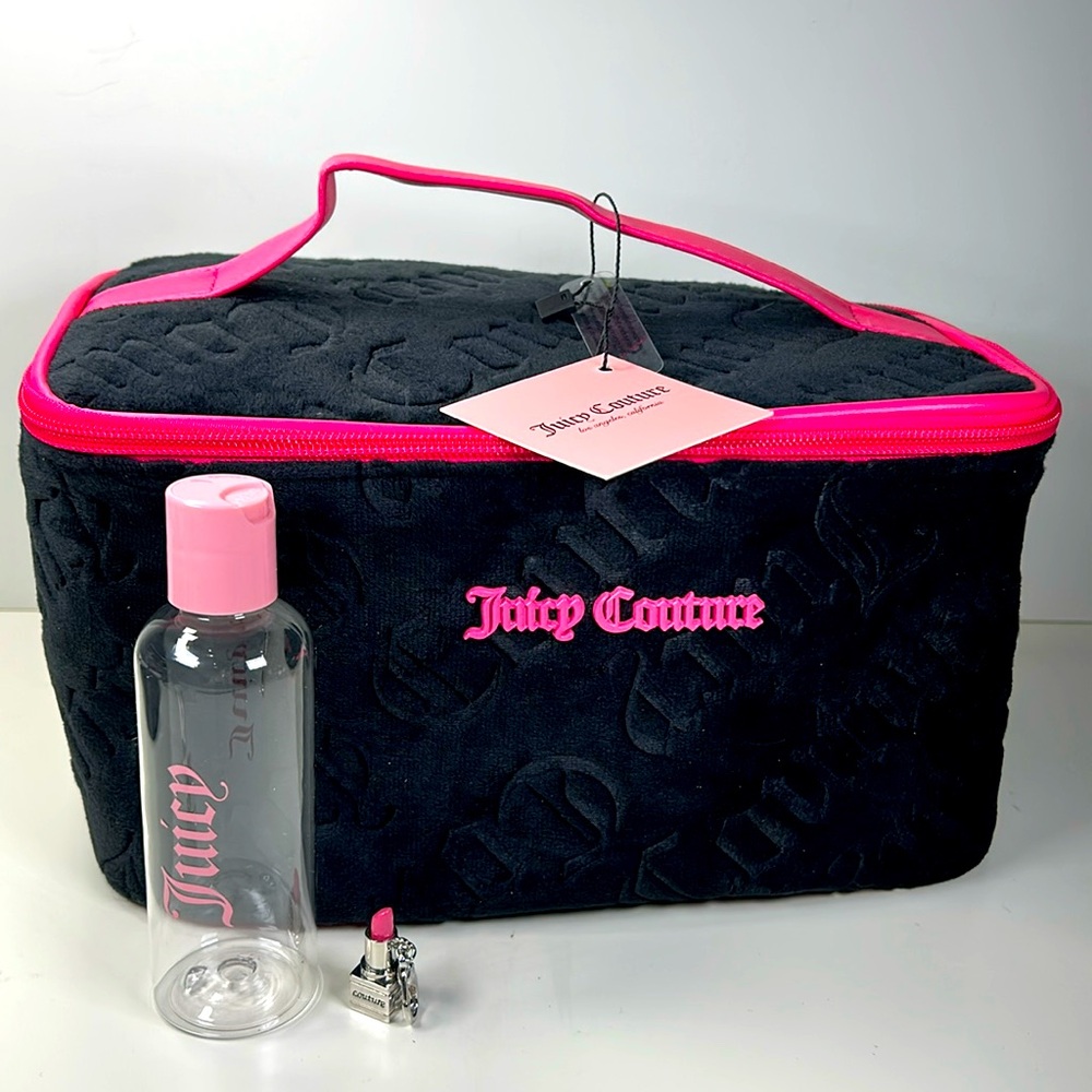 New Juicy Couture Black Velvet and Pink Travel Cosmetic Case with Bonus Charm